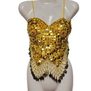Yellow Sequin Halter Crop Top Silver Sequin Backless Belly Dancing Tops NEW
